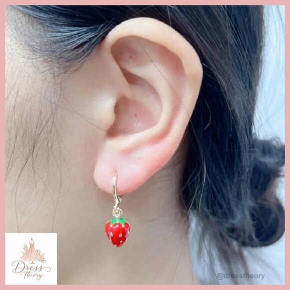 Small Strawberry Hoop Earrings Hypoallergenic Copper Dangle Jewelry Gift - Picture 3 of 8